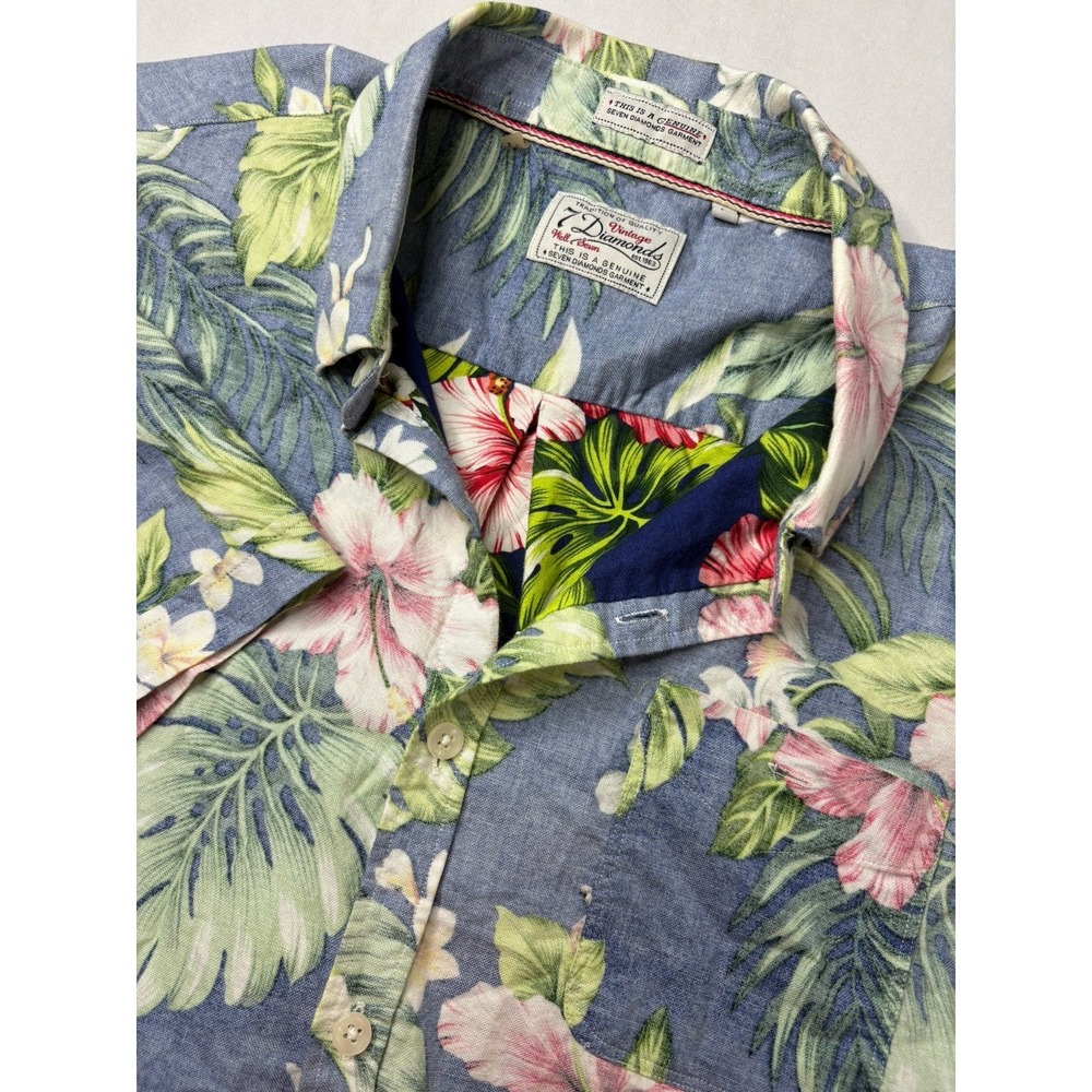 7 Diamonds Button Up Short Sleeve Shirt Mens L Blue Land Of Flowers Hawaiian